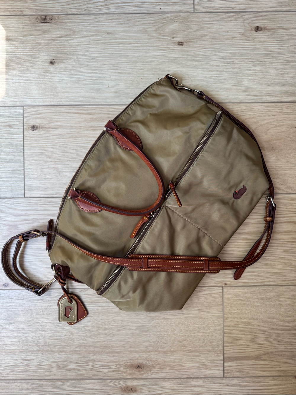 Dooney & Bourke Large Pocket Tan Nylon & Leather Satchel Bag